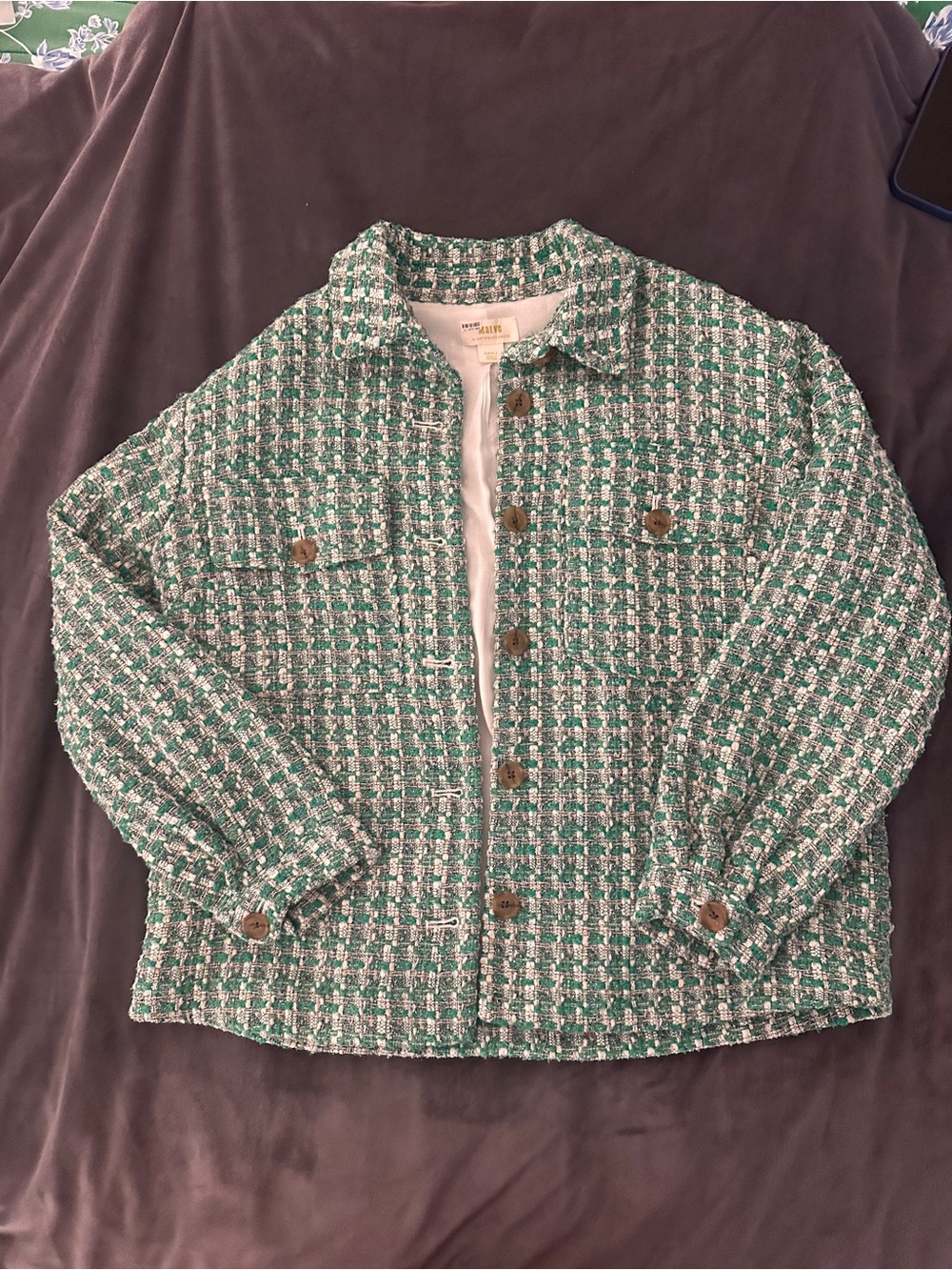 Anthropologie Tweed Button-Front Jacket in Green and White